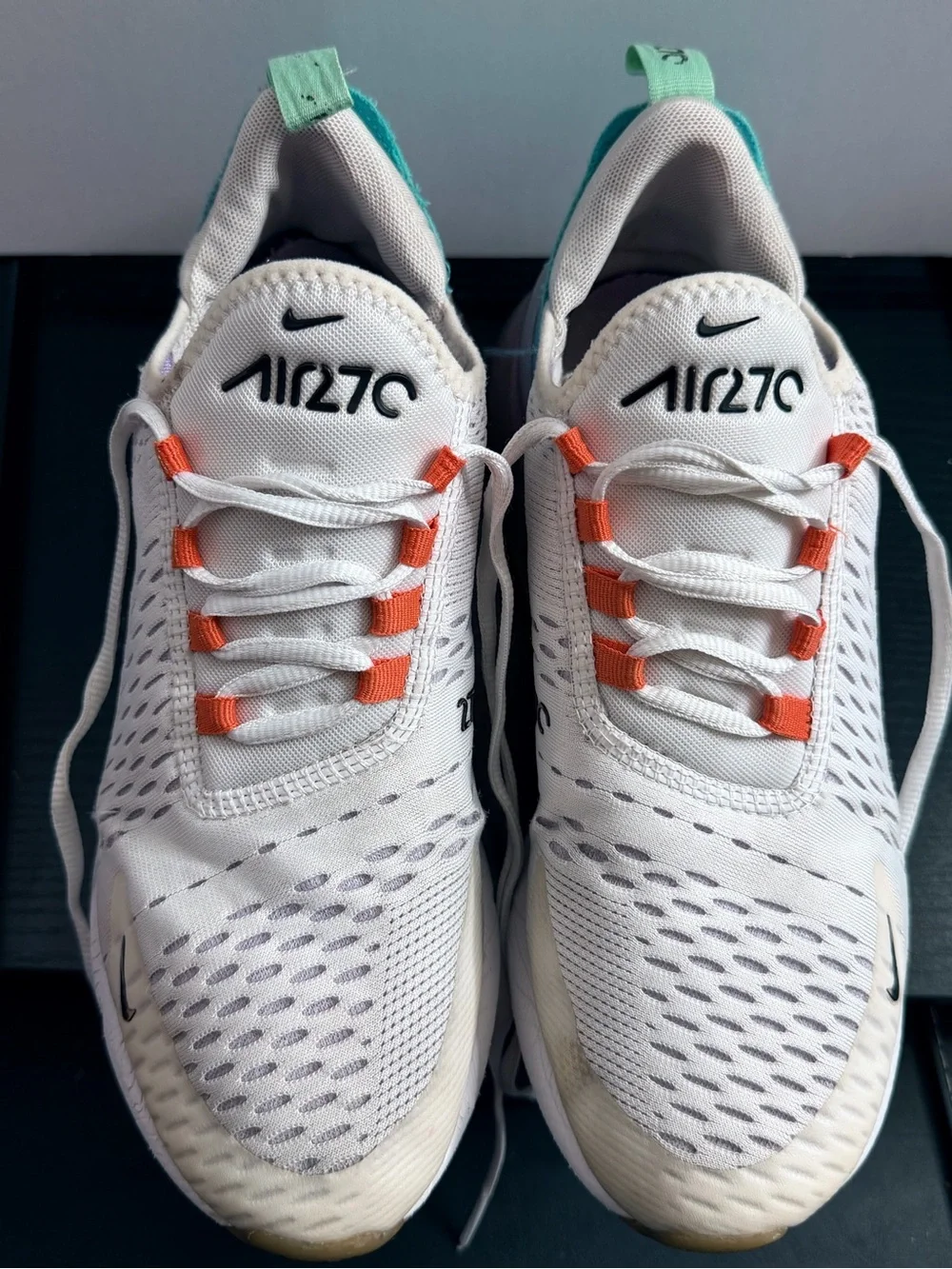 Nike White Air270 Athletic Sneakers with Orange Lace Loops and Mint Heel Tabs